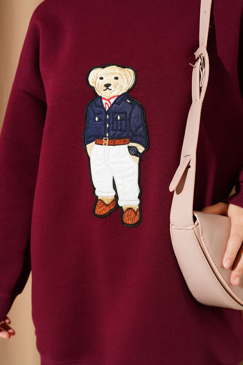 Ayıcıklı Üç İplik Sweatshirt Bordo 55631179