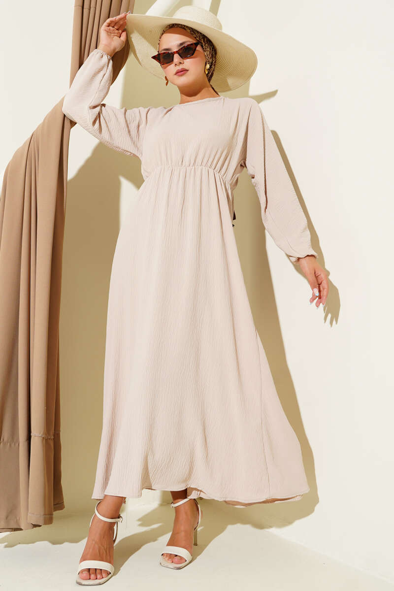 Bel Lastikli Ayrobin Basic Elbise Bej 85902453
