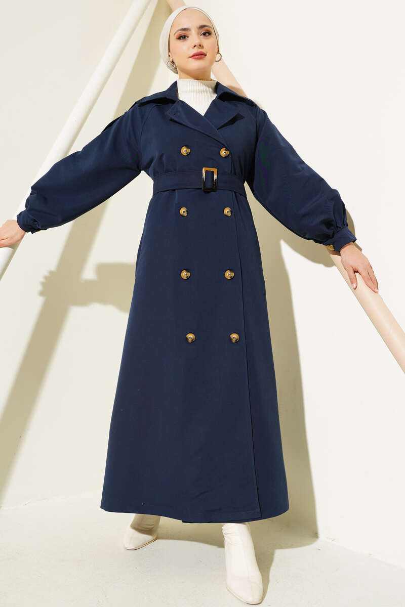 Balon Kol Kuşaklı Uzun Trençkot Lacivert 66337388