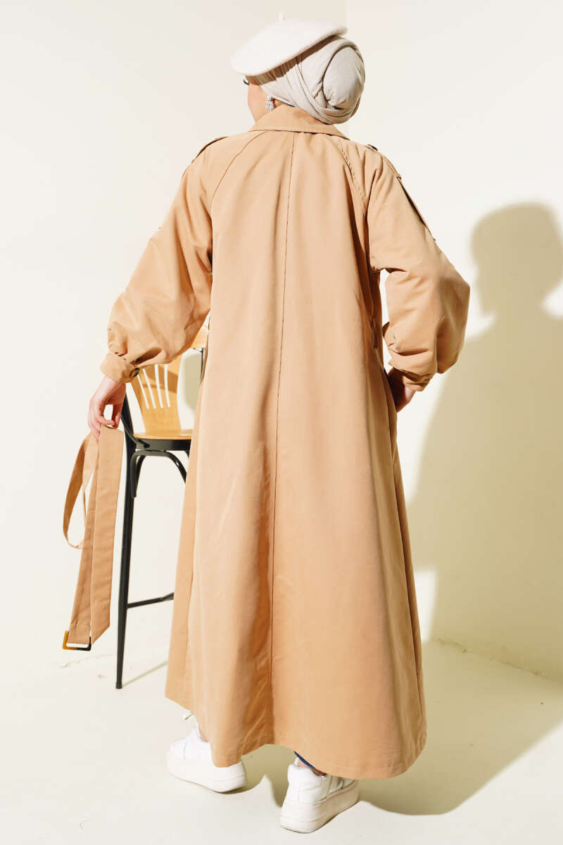 Balon Kol Kuşaklı Uzun Trençkot Camel 66337388