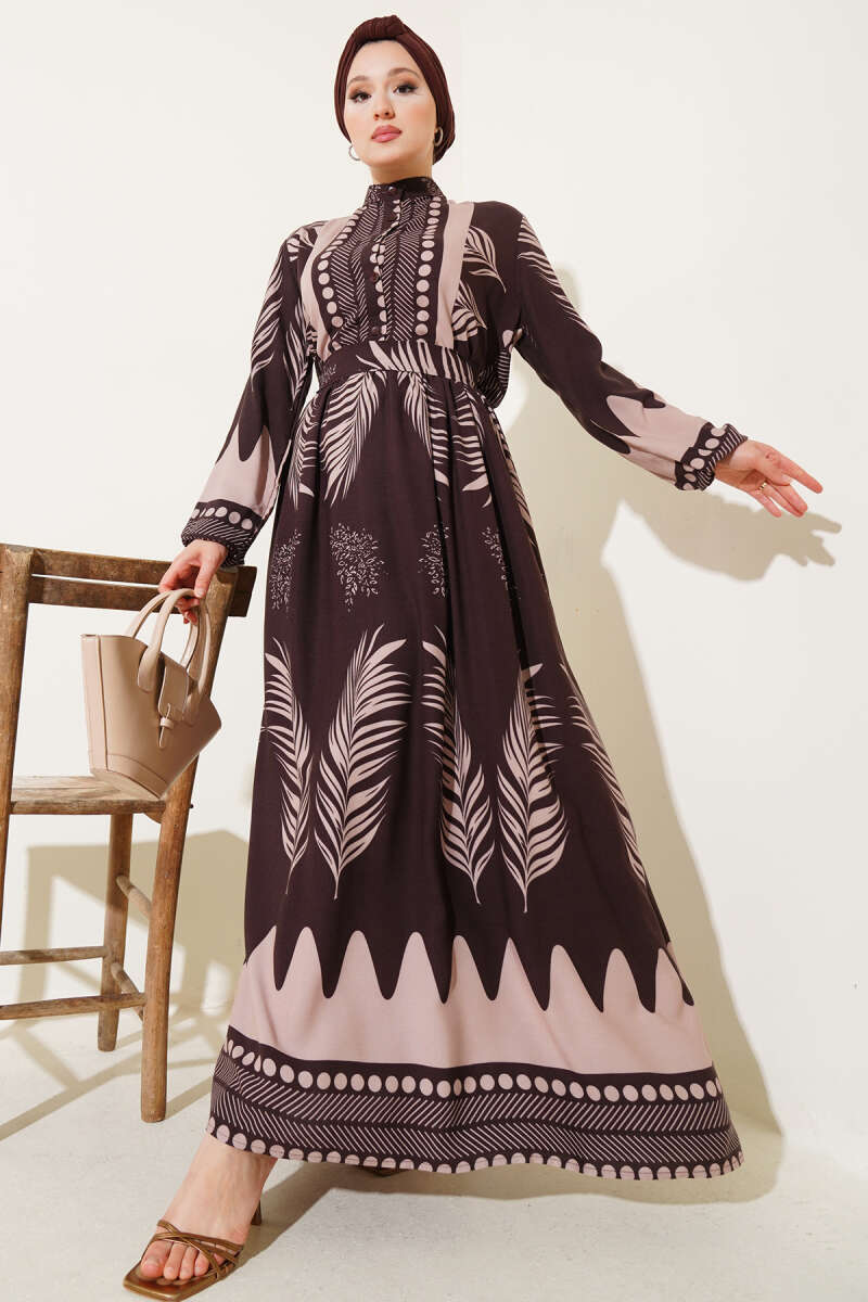 Yaprak Desenli Kuşaklı Elbise Kahve 00013806