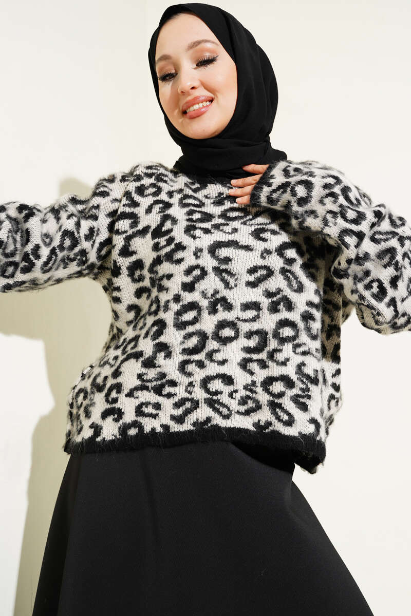 Leopar Desen Triko Kazak Ekru 01246061