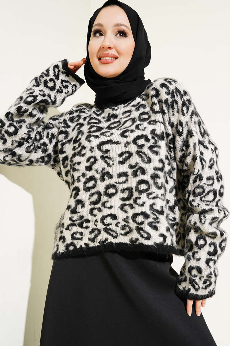 Leopar Desen Triko Kazak Ekru 01246061
