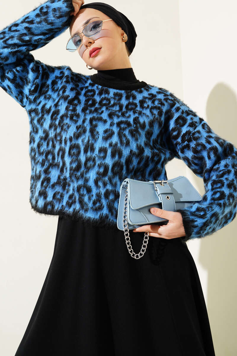 Leopar Desen Triko Kazak Mavi 01246061