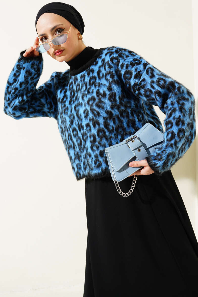 Leopar Desen Triko Kazak Mavi 01246061