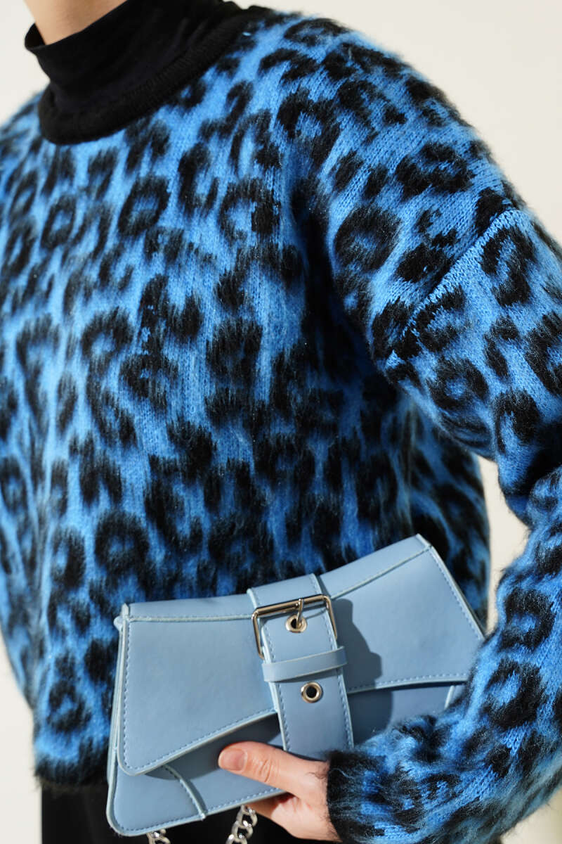 Leopar Desen Triko Kazak Mavi 01246061