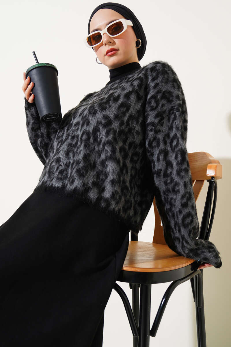 Leopar Desen Triko Kazak Füme 01246061