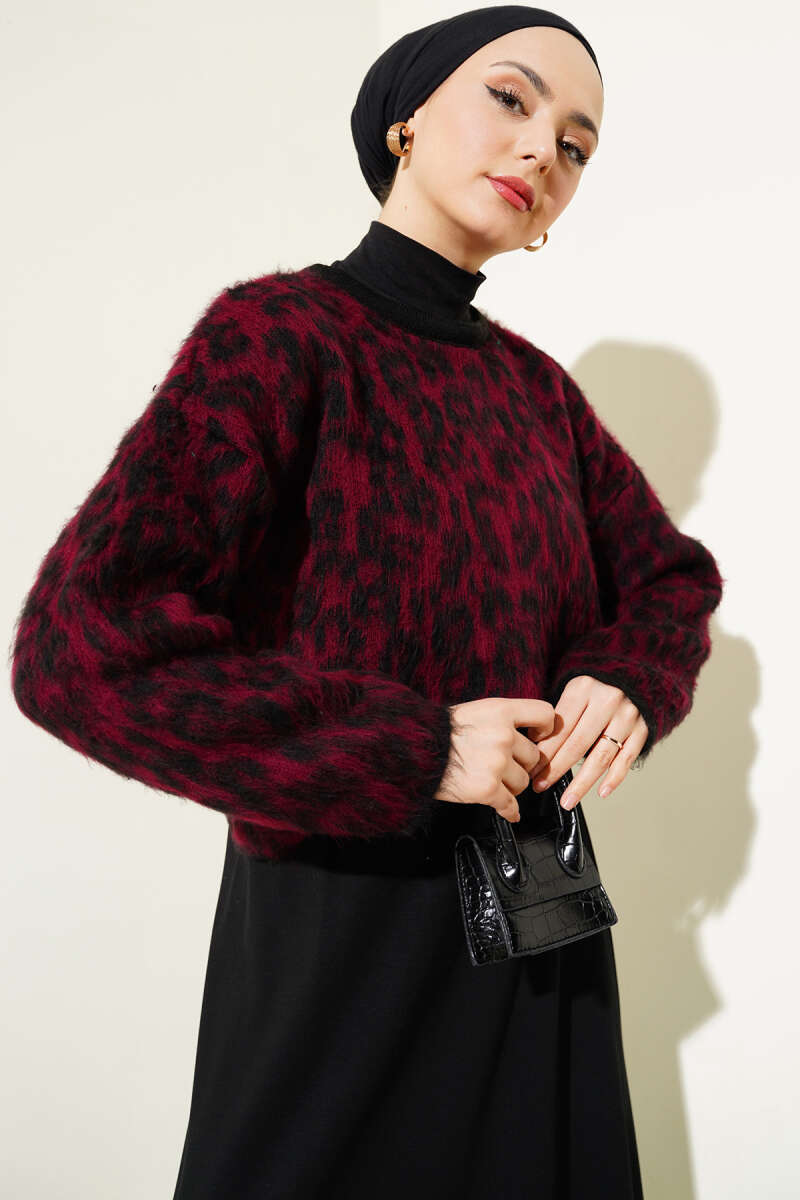 Leopar Desen Triko Kazak Burgonya 01246061