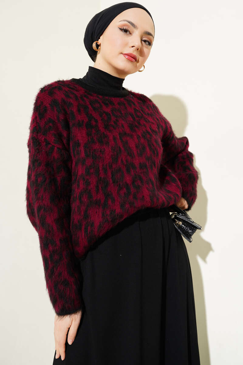 Leopar Desen Triko Kazak Burgonya 01246061