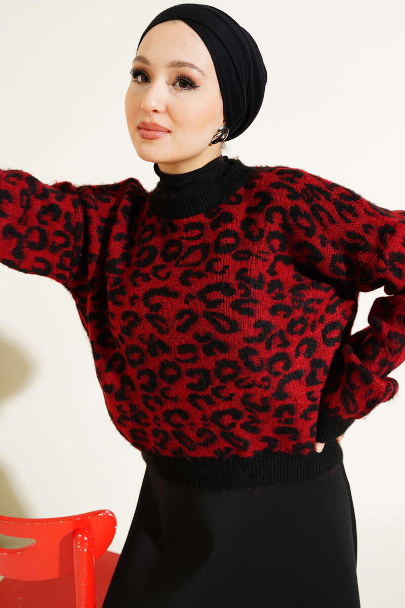 Leopar Desen Triko Kazak Bordo 01246061