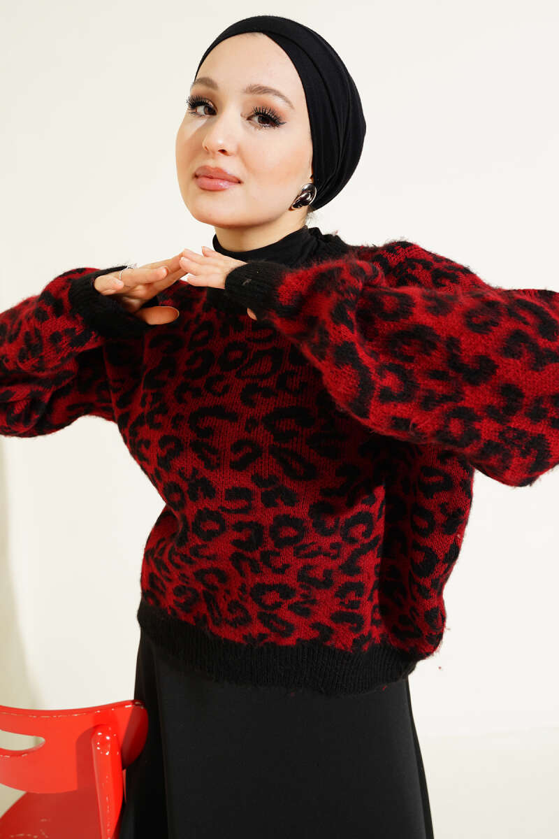 Leopar Desen Triko Kazak Bordo 01246061