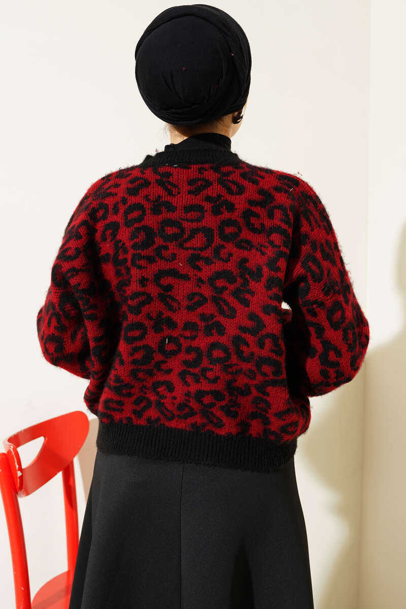 Leopar Desen Triko Kazak Bordo 01246061