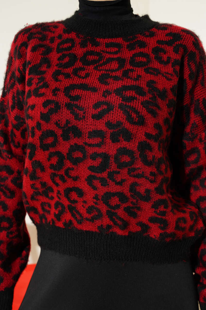 Leopar Desen Triko Kazak Bordo 01246061