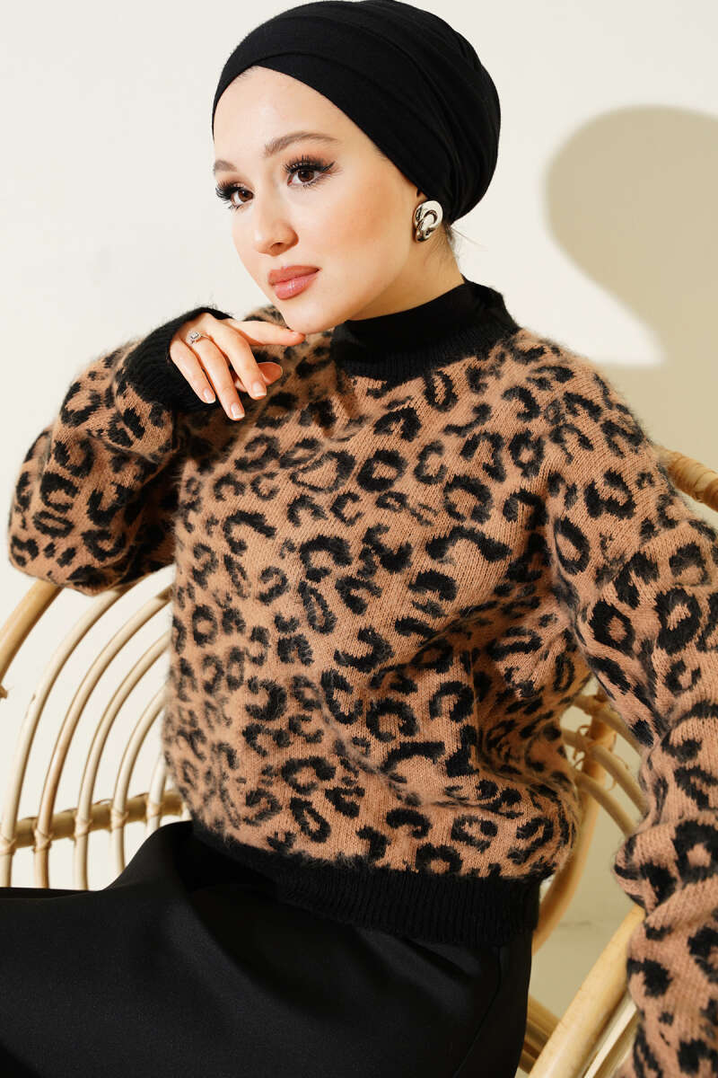 Leopar Desen Triko Kazak Latte 01246061