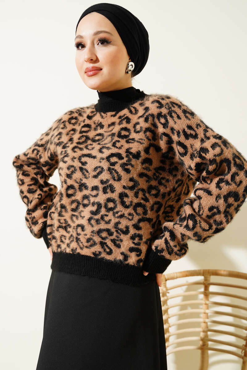 Leopar Desen Triko Kazak Latte 01246061
