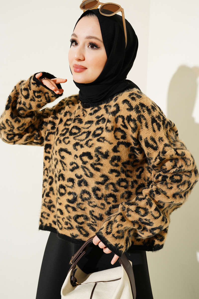 Leopar Desen Triko Kazak Camel 01246061