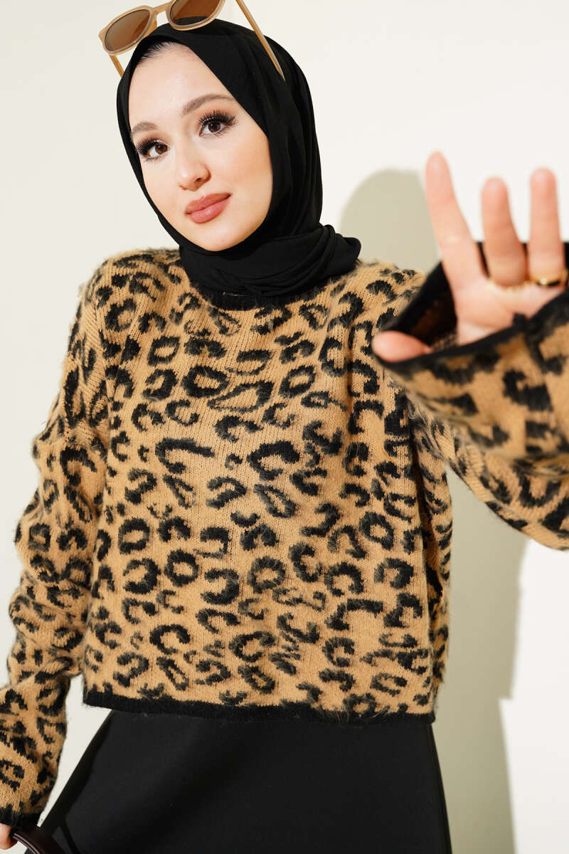 Leopar Desen Triko Kazak Camel 01246061