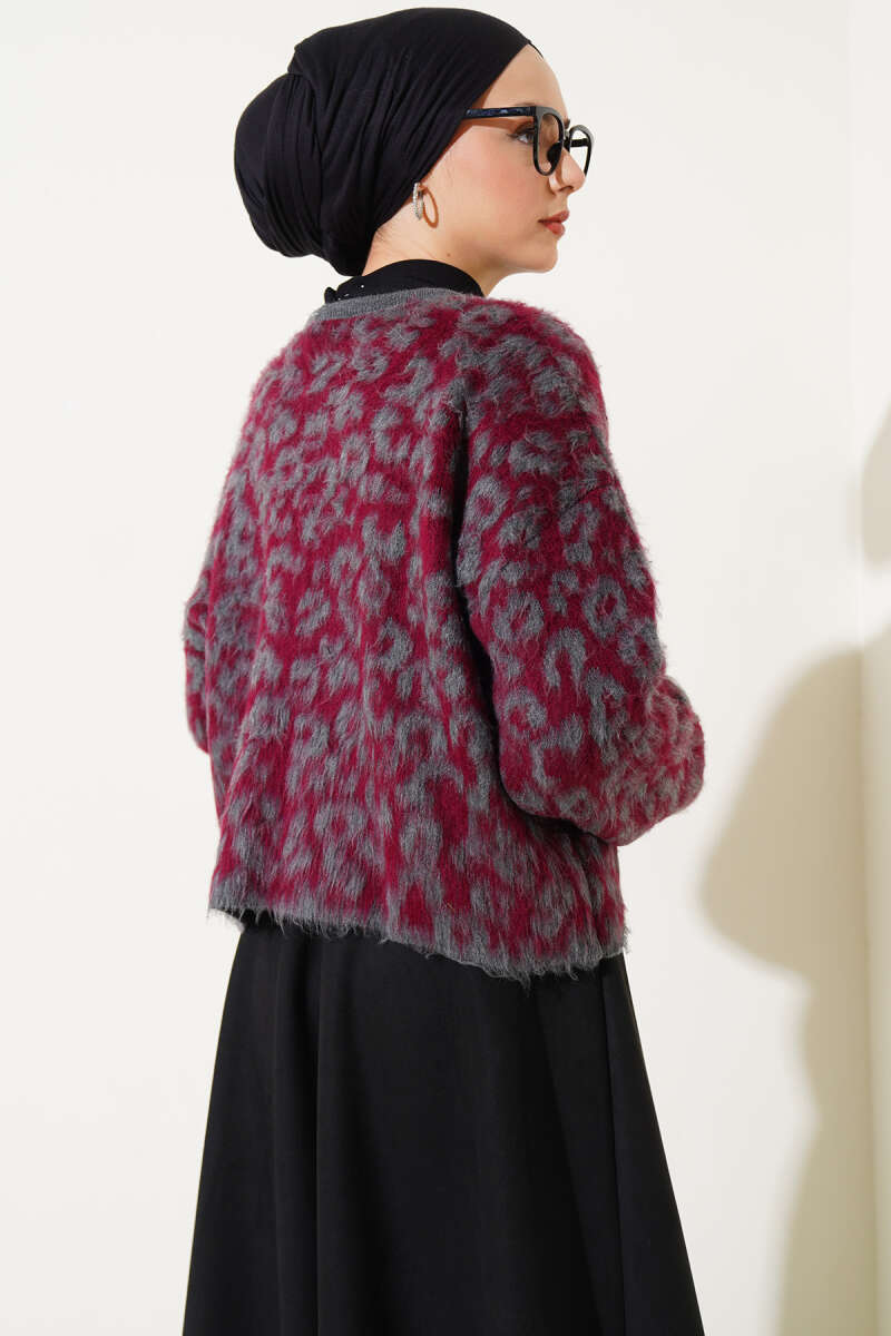 Leopar Desen Triko Kazak Bordo Füme 01246061