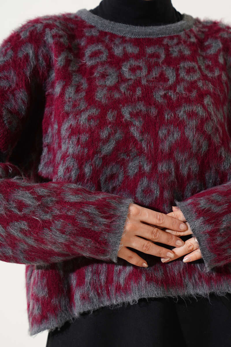 Leopar Desen Triko Kazak Bordo Füme 01246061