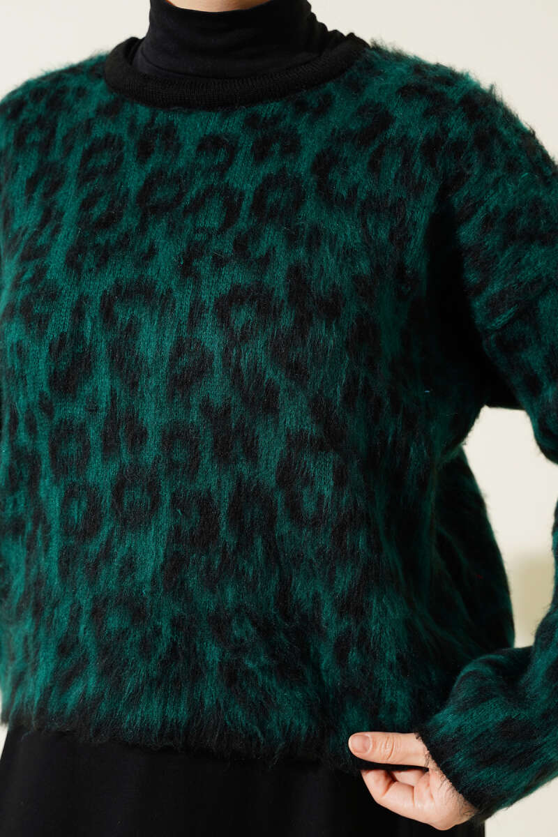 Leopar Desen Triko Kazak Zümrüt 01246061