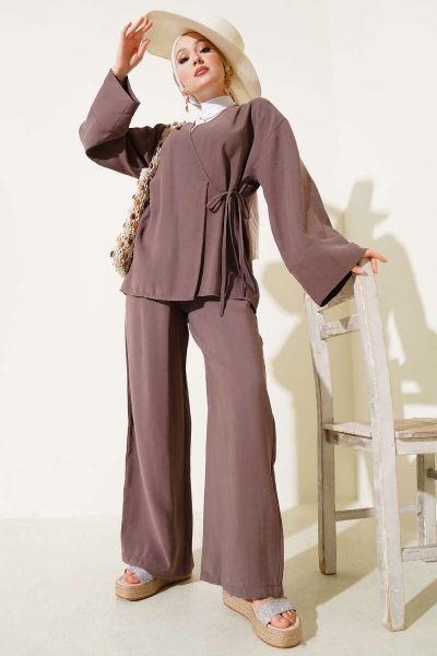 Yandan İp Bağcıklı Kimono İkili Takım Vizon 04747581