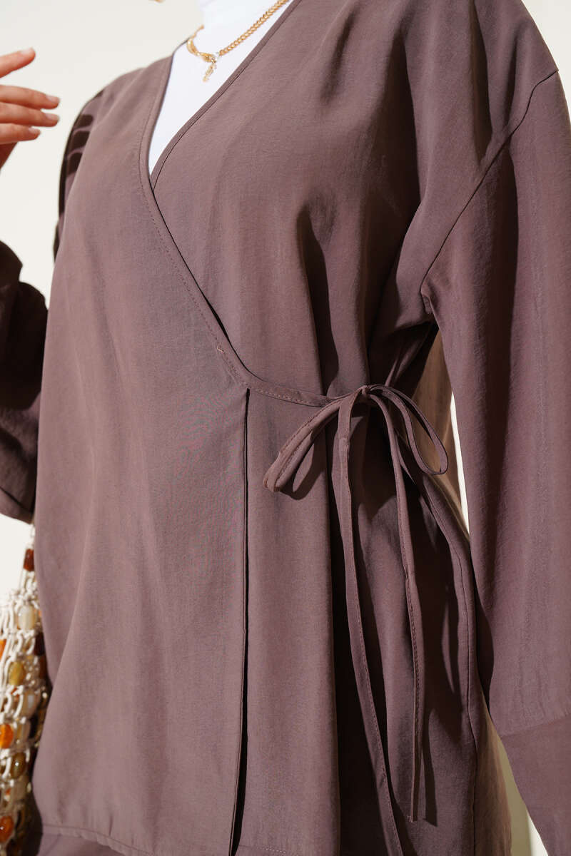 Yandan İp Bağcıklı Kimono İkili Takım Vizon 04747581