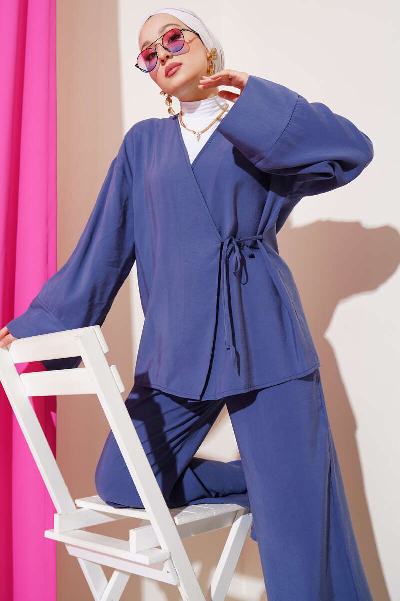 Yandan İp Bağcıklı Kimono İkili Takım İndigo 04747581