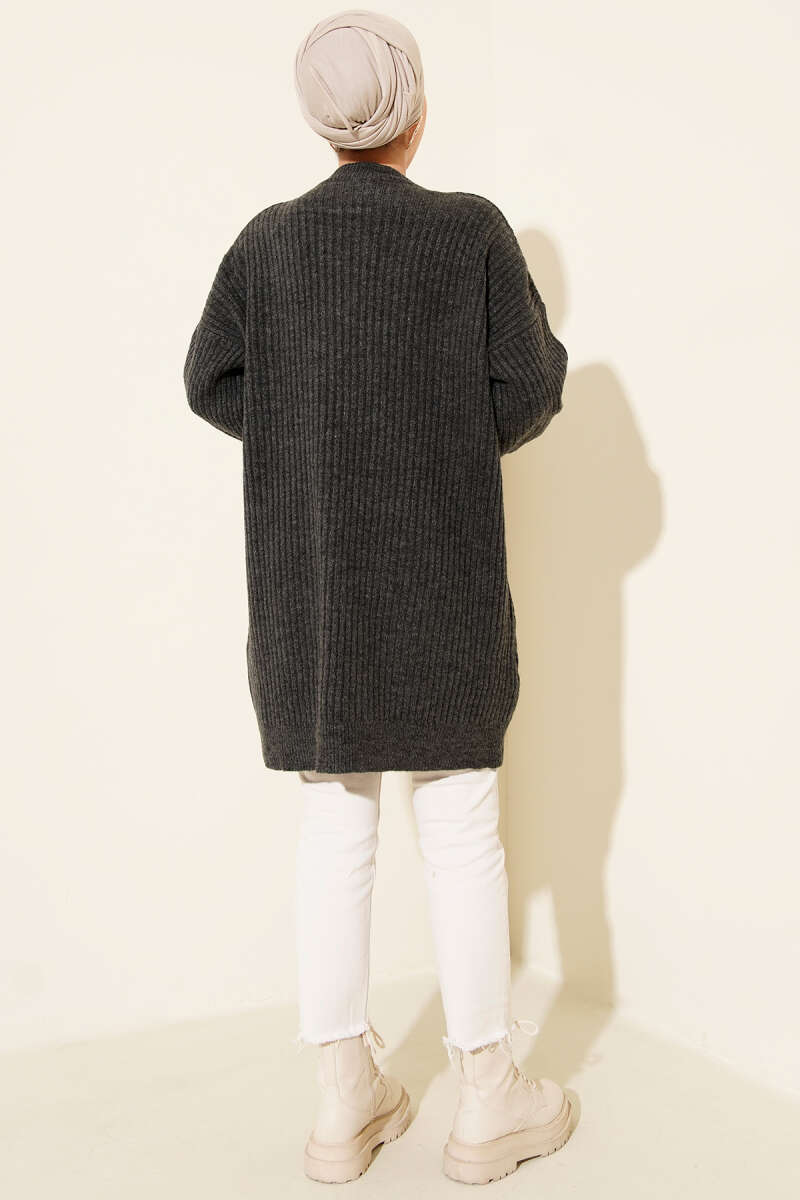 Asimetrik Kabartma Çizgili Triko Tunik Füme 17363244