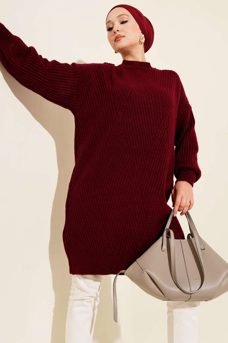 Asimetrik Kabartma Çizgili Triko Tunik Bordo 17363244