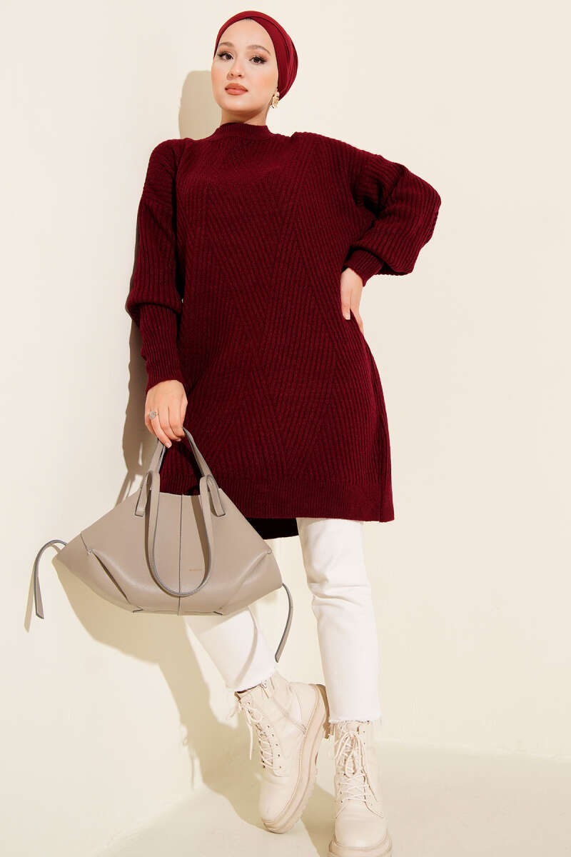 Asimetrik Kabartma Çizgili Triko Tunik Bordo 17363244