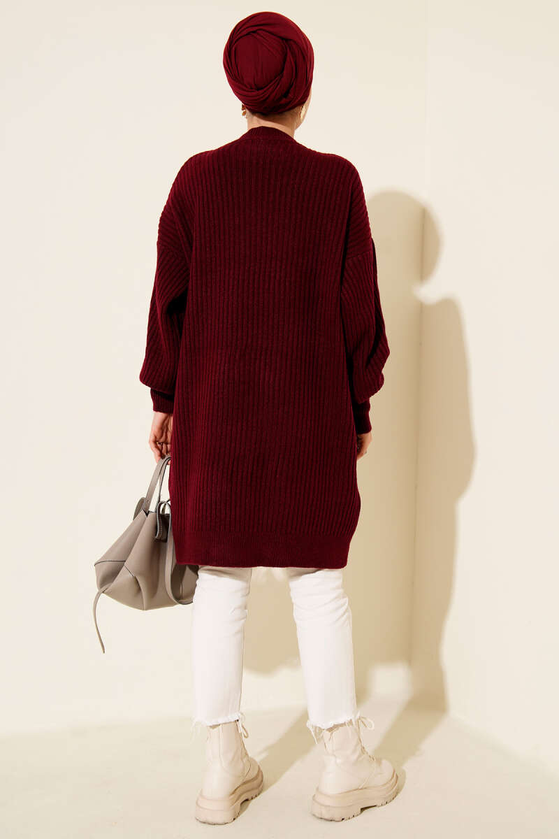 Asimetrik Kabartma Çizgili Triko Tunik Bordo 17363244
