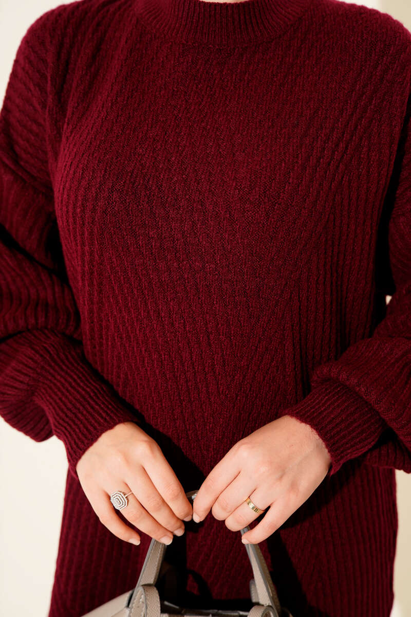 Asimetrik Kabartma Çizgili Triko Tunik Bordo 17363244