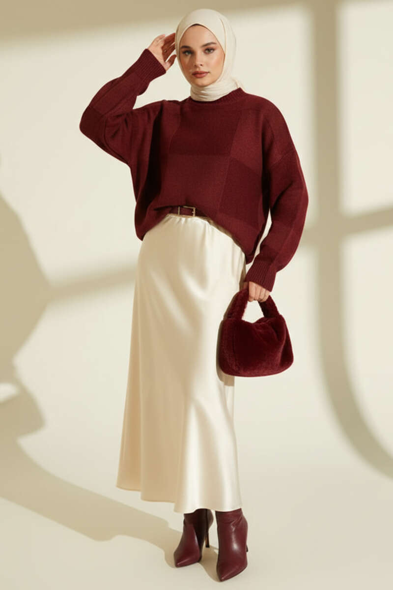 Kare Desenli Triko Kazak Bordo 80236918