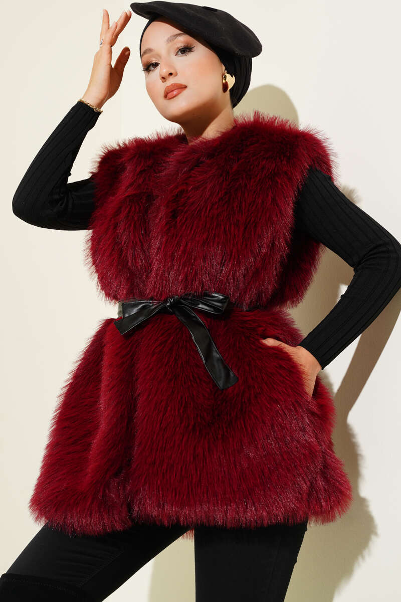 Lolita Peluş Kuşaklı Yelek Bordo 57706637