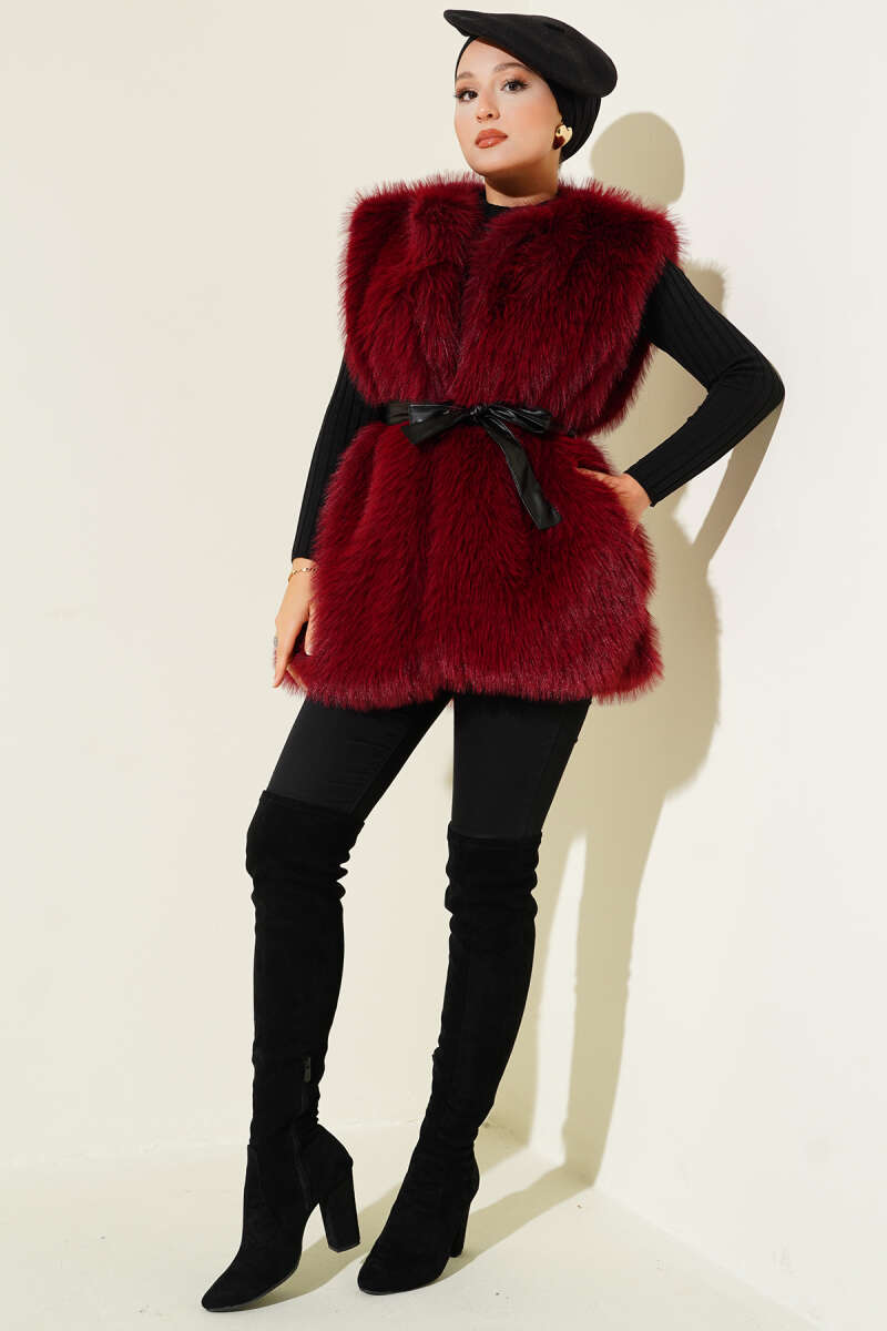Lolita Peluş Kuşaklı Yelek Bordo 57706637