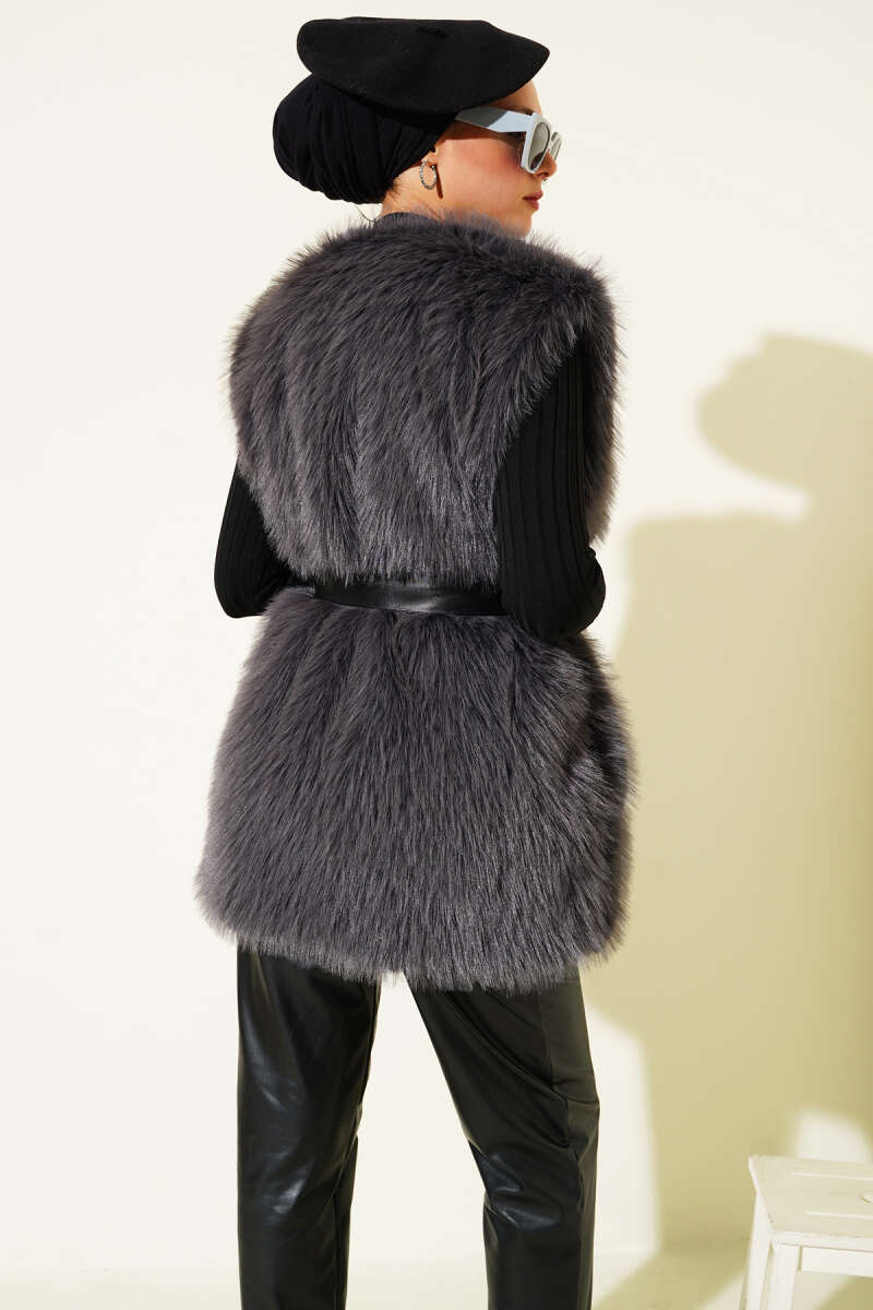 Lolita Peluş Kuşaklı Yelek Füme 57706637