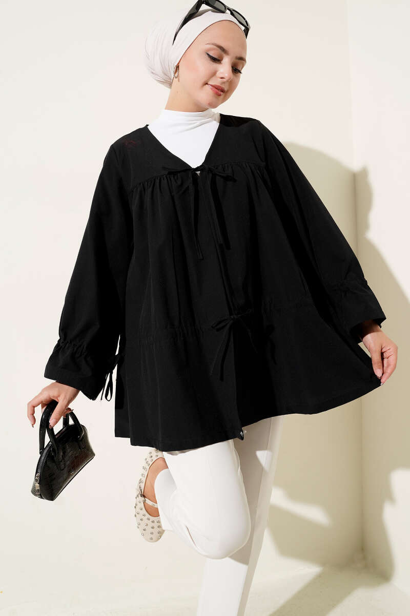 Tünelli Büzgülü Kimono Siyah 57276631