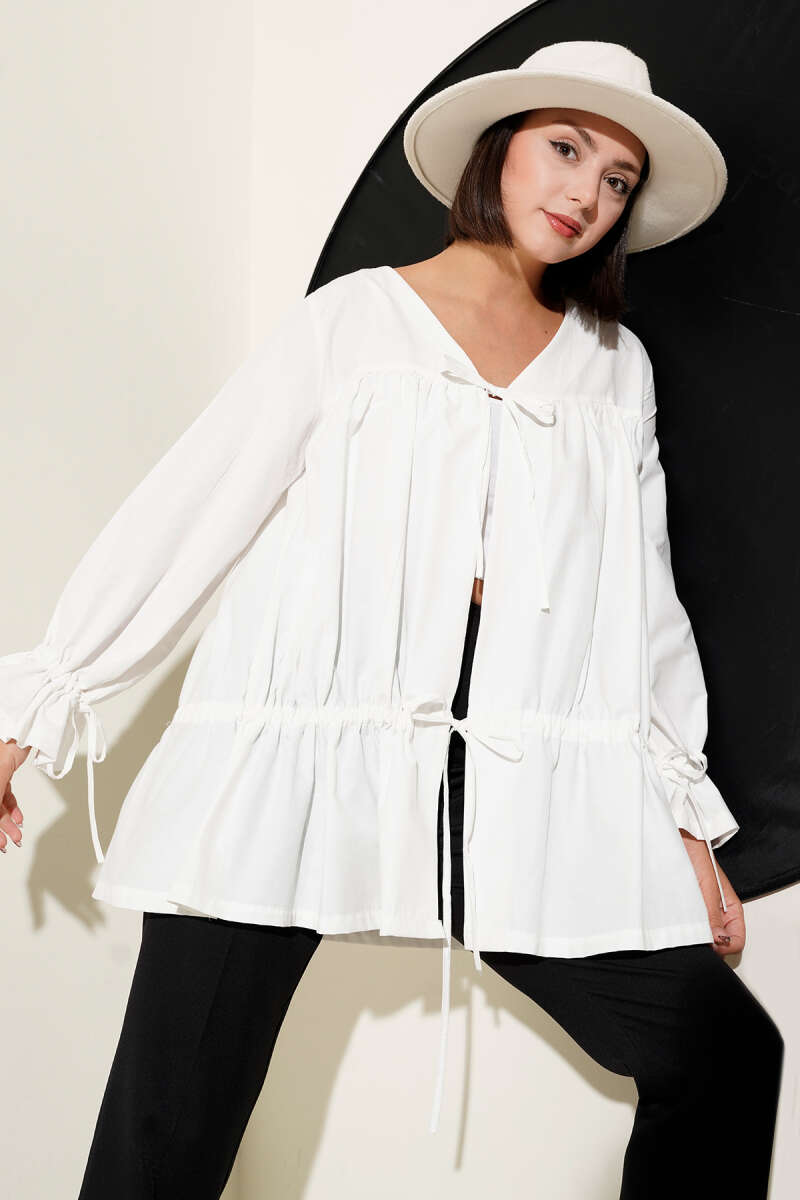 Tünelli Büzgülü Kimono Beyaz 57276631