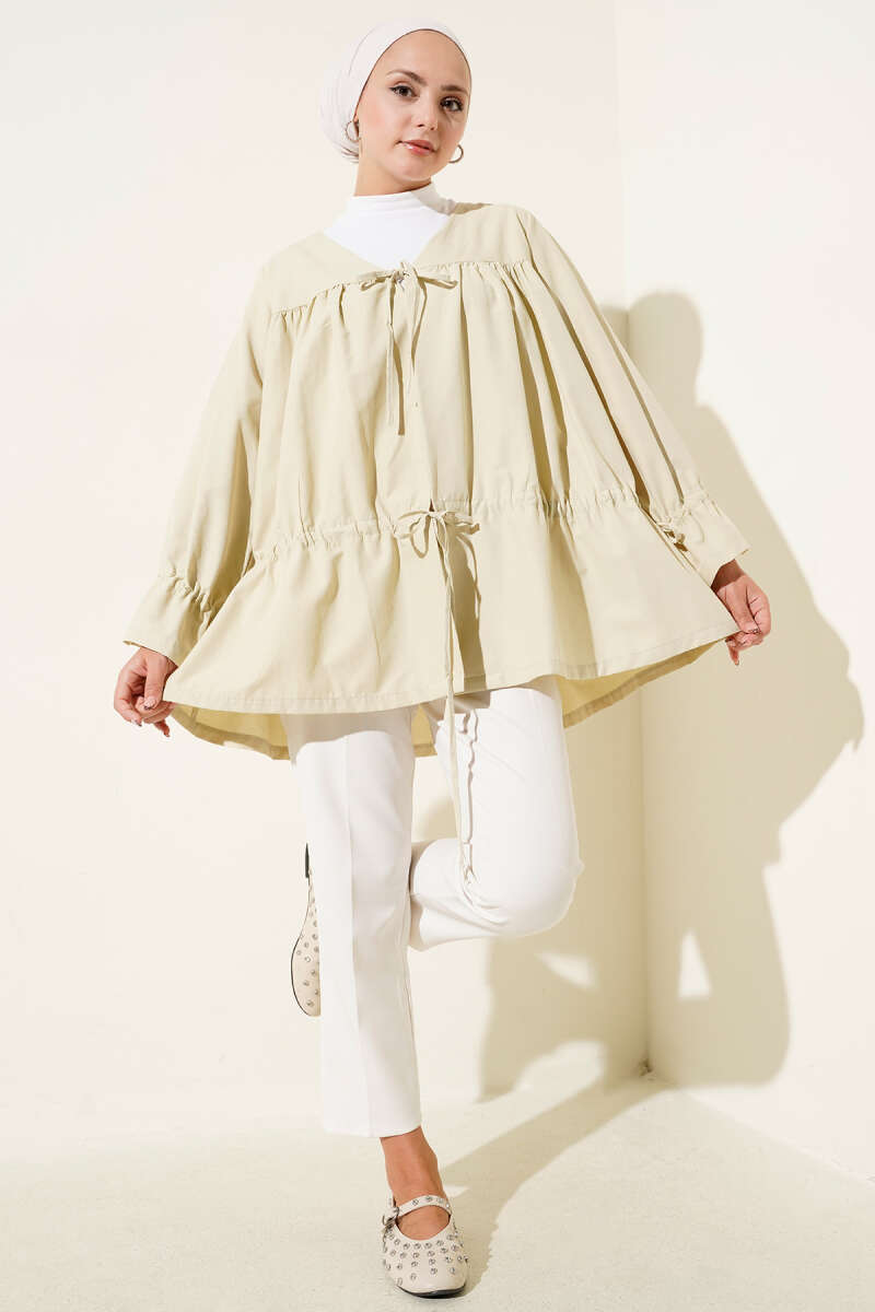 Tünelli Büzgülü Kimono Bej 57276631